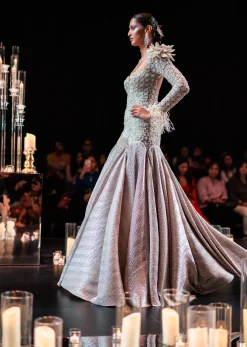 Gold Flared One Shoulder Gown With Asymmetric Detail And 3D Flower