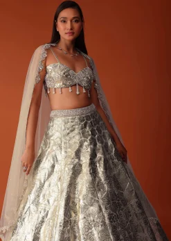 Gold Foil Embroidered Bridal Lehenga Set In Organza