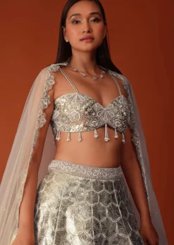 Gold Foil Embroidered Bridal Lehenga Set In Organza