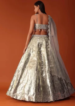 Gold Foil Embroidered Bridal Lehenga Set In Organza