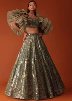 Gold Foil Hand Embroidered Bridal Lehenga And Blouse With Frill Sleeves