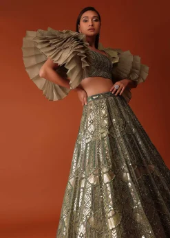 Gold Foil Hand Embroidered Bridal Lehenga And Blouse With Frill Sleeves