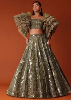 Gold Foil Hand Embroidered Bridal Lehenga And Blouse With Frill Sleeves