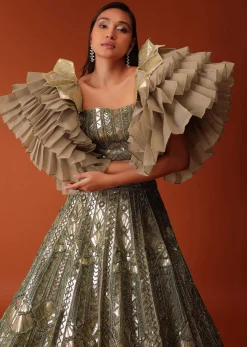 Gold Foil Hand Embroidered Bridal Lehenga And Blouse With Frill Sleeves