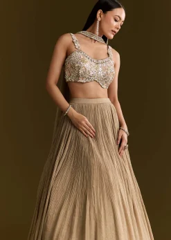 Gold French Tissue Lehenga With Sequins And Choker Dupatta