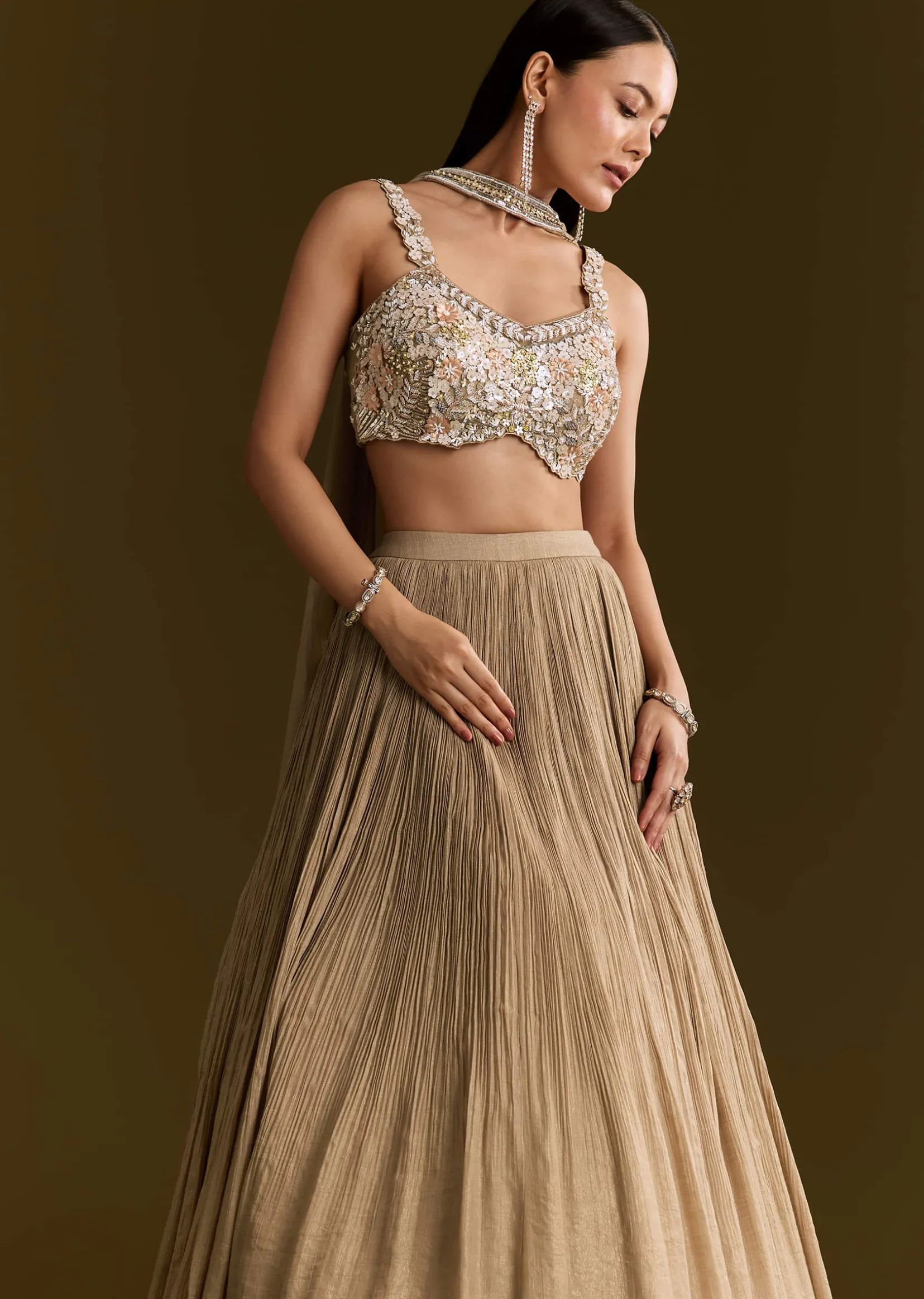 Gold French Tissue Lehenga With Sequins And Choker Dupatta