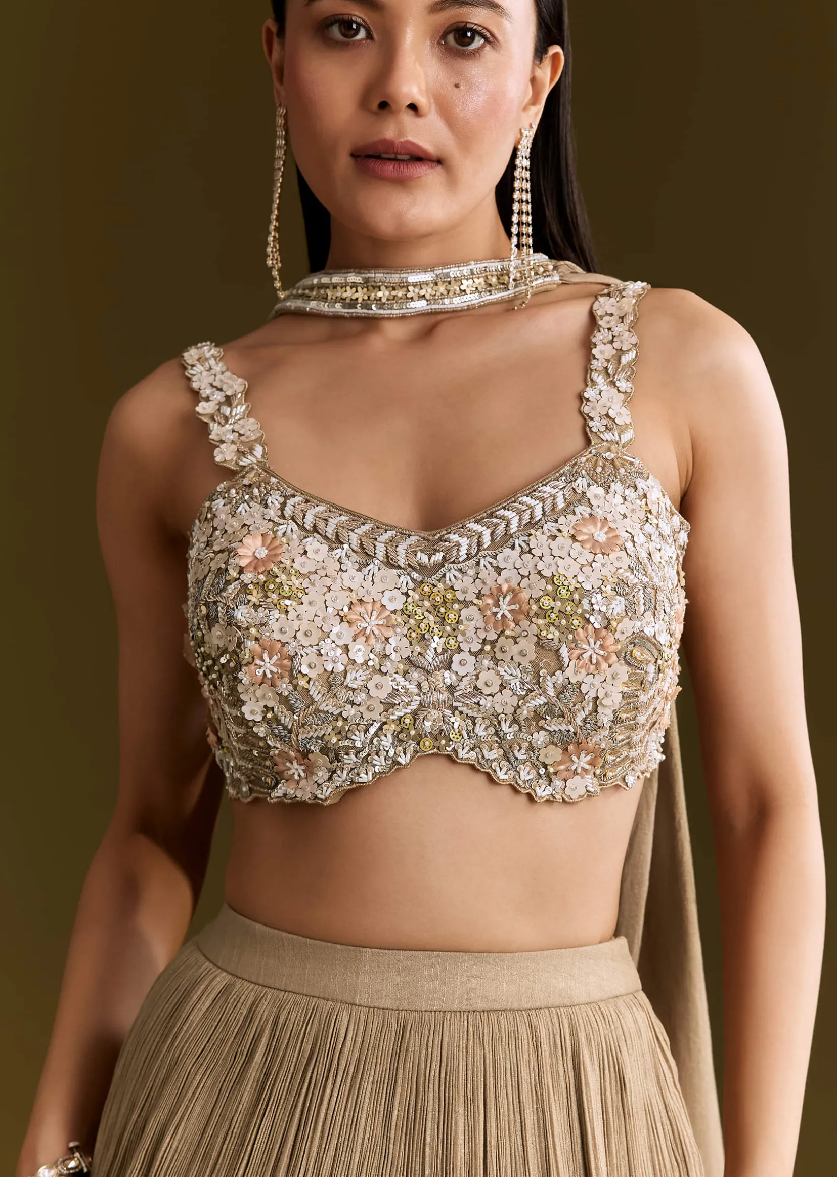 Gold French Tissue Lehenga With Sequins And Choker Dupatta