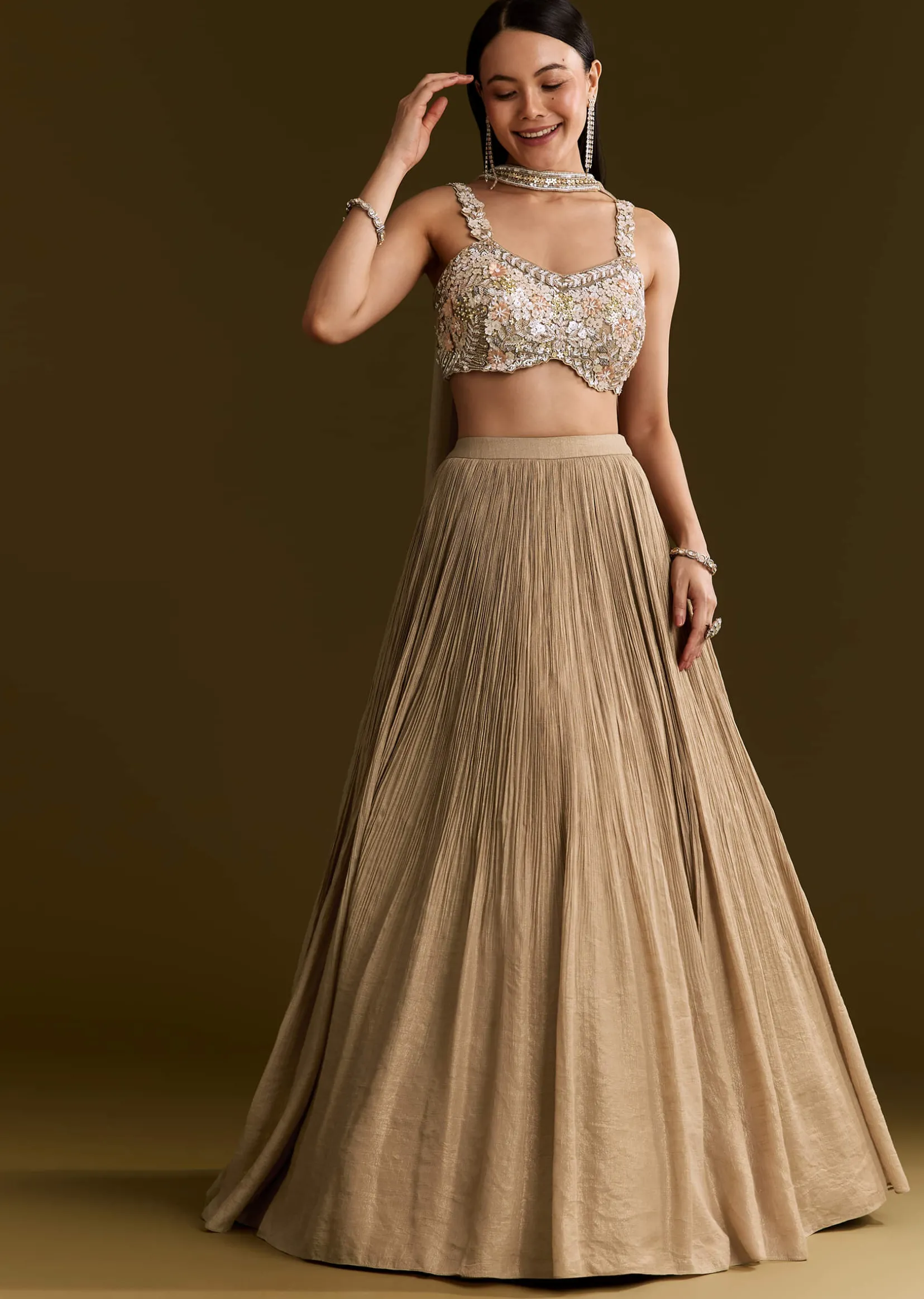 Gold French Tissue Lehenga With Sequins And Choker Dupatta