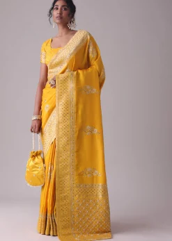 Gold Fusion Yellow Embroidered Saree In Khadi Silk