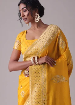 Gold Fusion Yellow Embroidered Saree In Khadi Silk