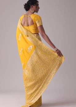 Gold Fusion Yellow Embroidered Saree In Khadi Silk