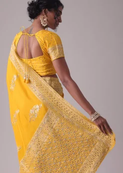 Gold Fusion Yellow Embroidered Saree In Khadi Silk