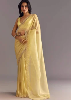 Gold Glossy Tissue Saree With Floral Cutdana And Moti Embroidery