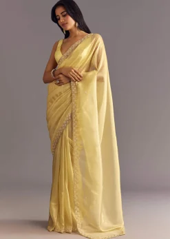 Gold Glossy Tissue Saree With Floral Cutdana And Moti Embroidery