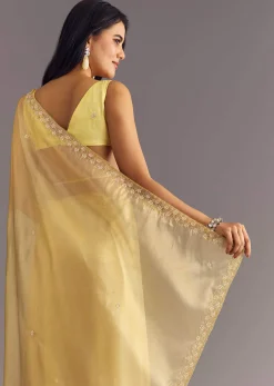 Gold Glossy Tissue Saree With Floral Cutdana And Moti Embroidery