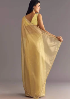Gold Glossy Tissue Saree With Floral Cutdana And Moti Embroidery
