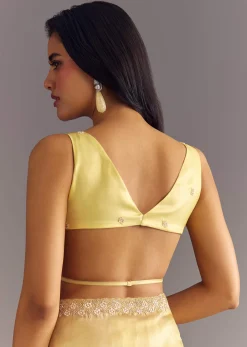 Gold Glossy Tissue Saree With Floral Cutdana And Moti Embroidery