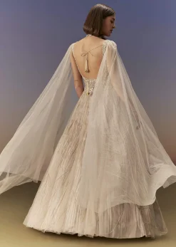 Gold Gown With Pleated Panels And Dramatic Cape