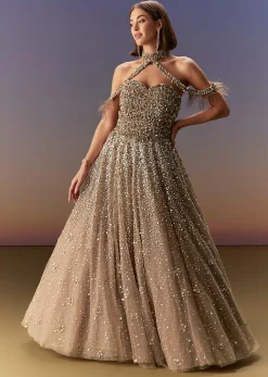 Gold Halter Neck Gown With Cut Out Back And Embellished Bodice