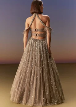 Gold Halter Neck Gown With Cut Out Back And Embellished Bodice