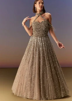 Gold Halter Neck Gown With Cut Out Back And Embellished Bodice