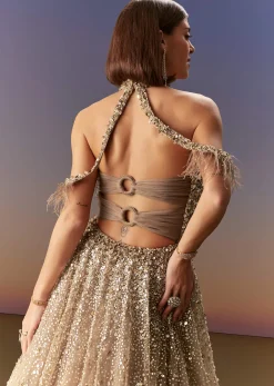 Gold Halter Neck Gown With Cut Out Back And Embellished Bodice