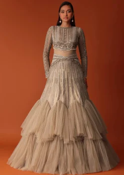 Gold Hand Embroidered Bridal Gown With Attached Cape