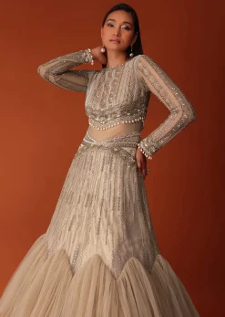 Gold Hand Embroidered Bridal Gown With Attached Cape