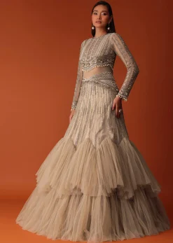 Gold Hand Embroidered Bridal Gown With Attached Cape