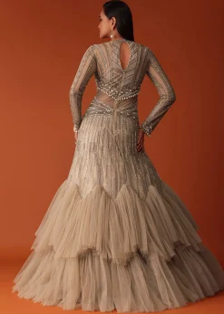 Gold Hand Embroidered Bridal Gown With Attached Cape