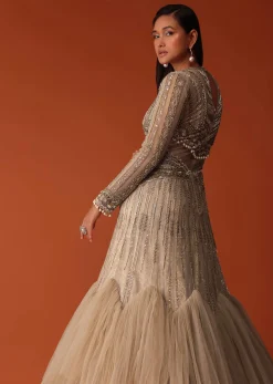 Gold Hand Embroidered Bridal Gown With Attached Cape