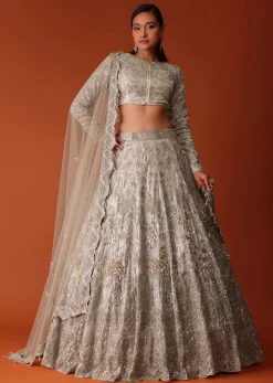 Gold Hand Embroidered Bridal Lehenga Set In Organza