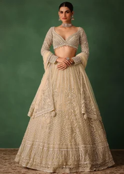 Gold Hand Embroidered Lehenga Set In Raw Silk With Dupatta