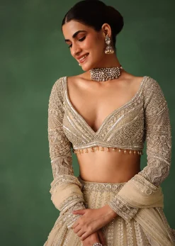 Gold Hand Embroidered Lehenga Set In Raw Silk With Dupatta