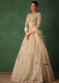 Gold Hand Embroidered Lehenga Set In Raw Silk With Dupatta
