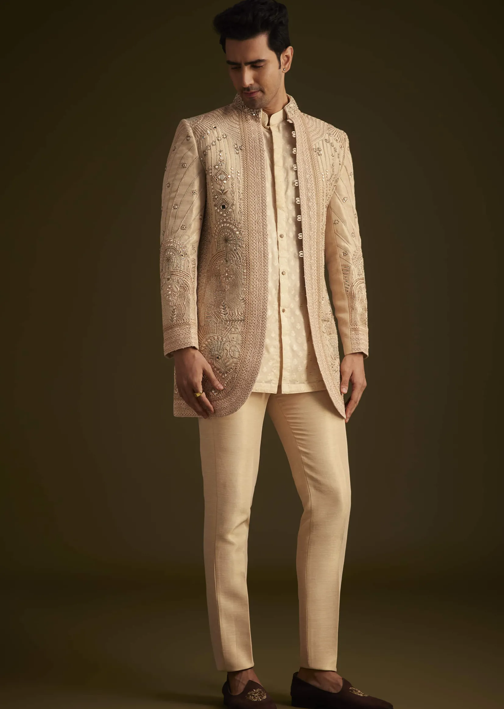 Gold Hand Embroidered Sherwani Set With Intricate Detailing