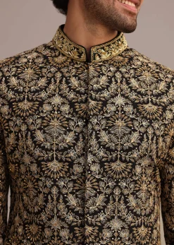 Gold Hand Embroidered Silk Sherwani Suit