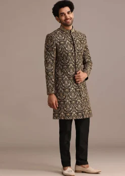 Gold Hand Embroidered Silk Sherwani Suit