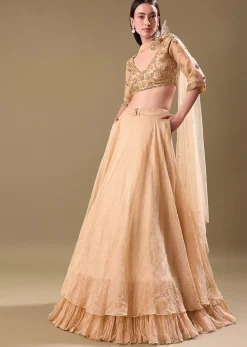 Gold Hand Embroidered Tissue Lehenga And Blouse With Dupatta