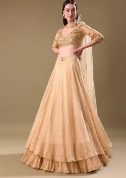 Gold Hand Embroidered Tissue Lehenga And Blouse With Dupatta