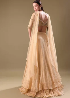 Gold Hand Embroidered Tissue Lehenga And Blouse With Dupatta