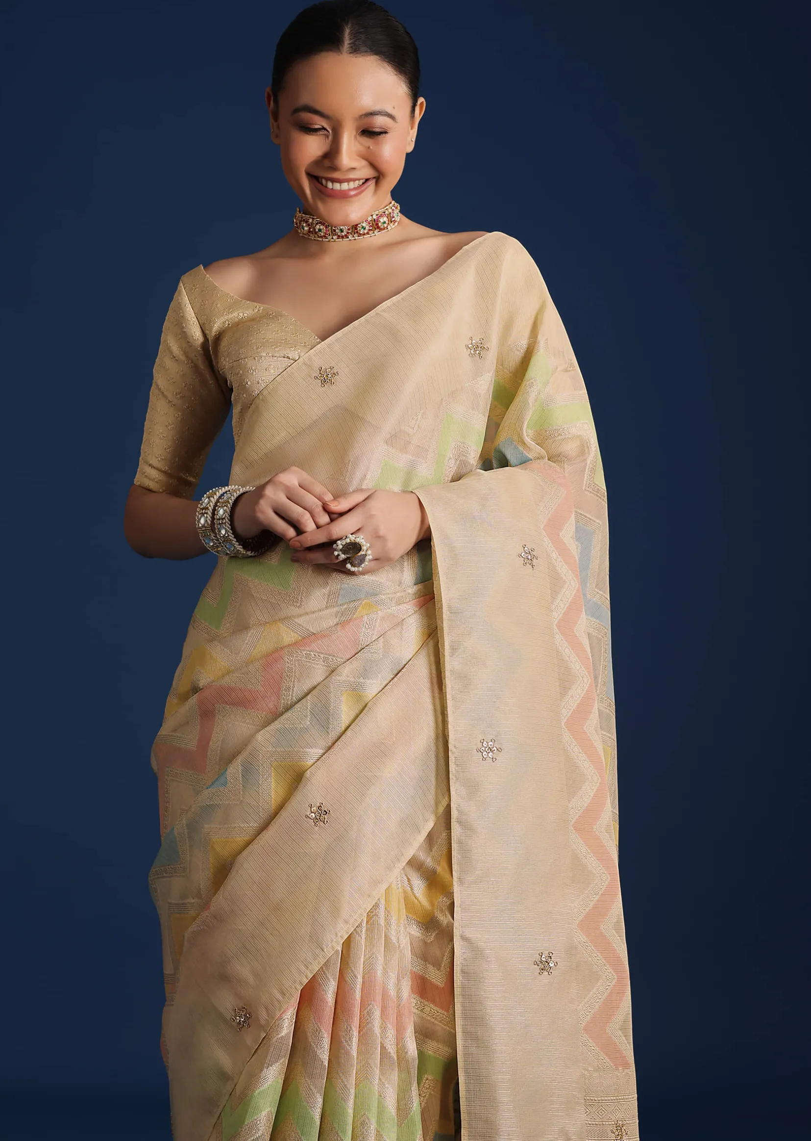Gold Handloom Tissue Chanderi Rangkart Saree with Zardosi Work