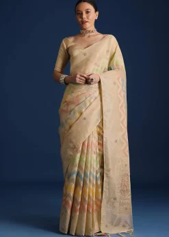 Gold Handloom Tissue Chanderi Rangkart Saree with Zardosi Work