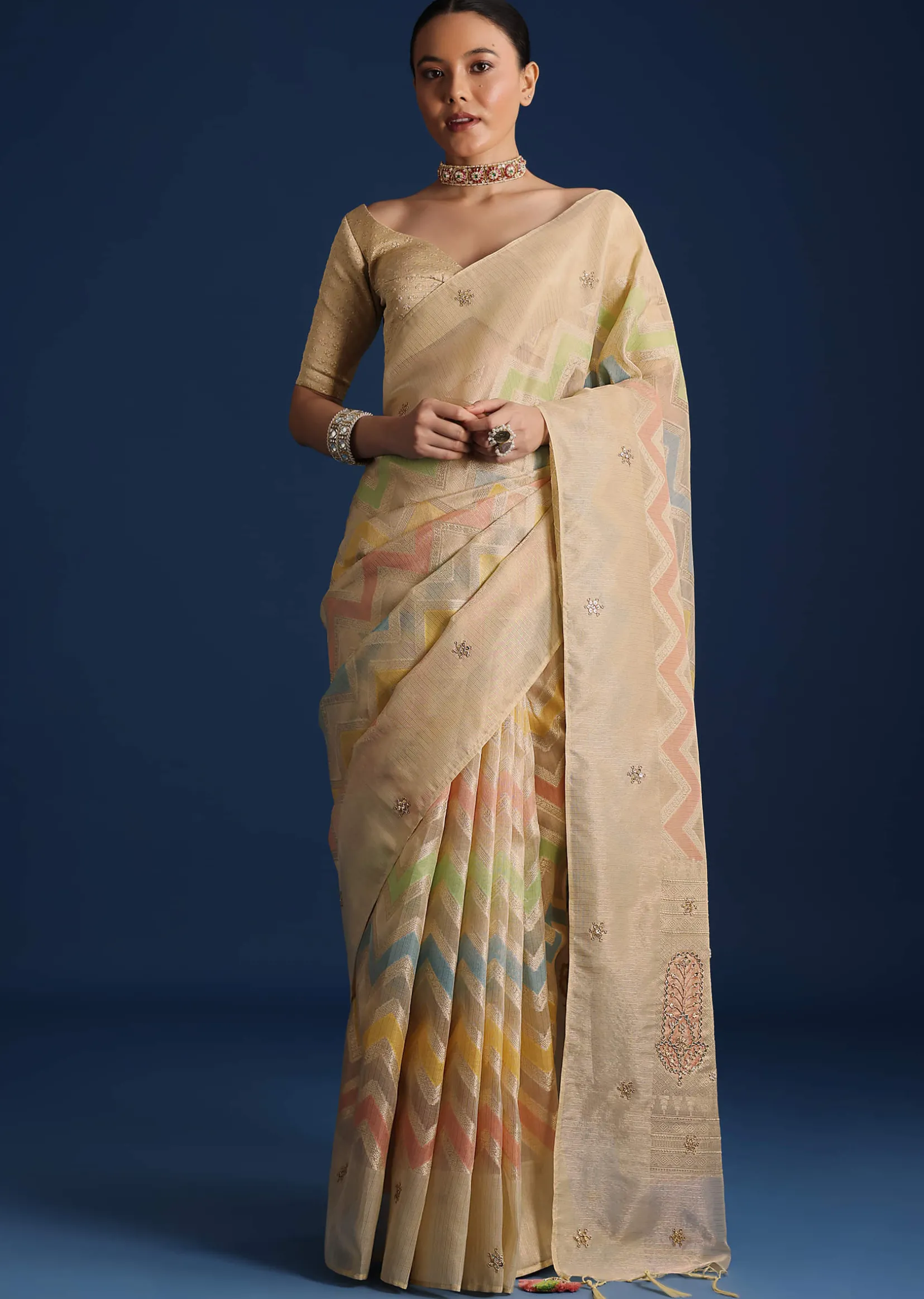 Gold Handloom Tissue Chanderi Rangkart Saree with Zardosi Work