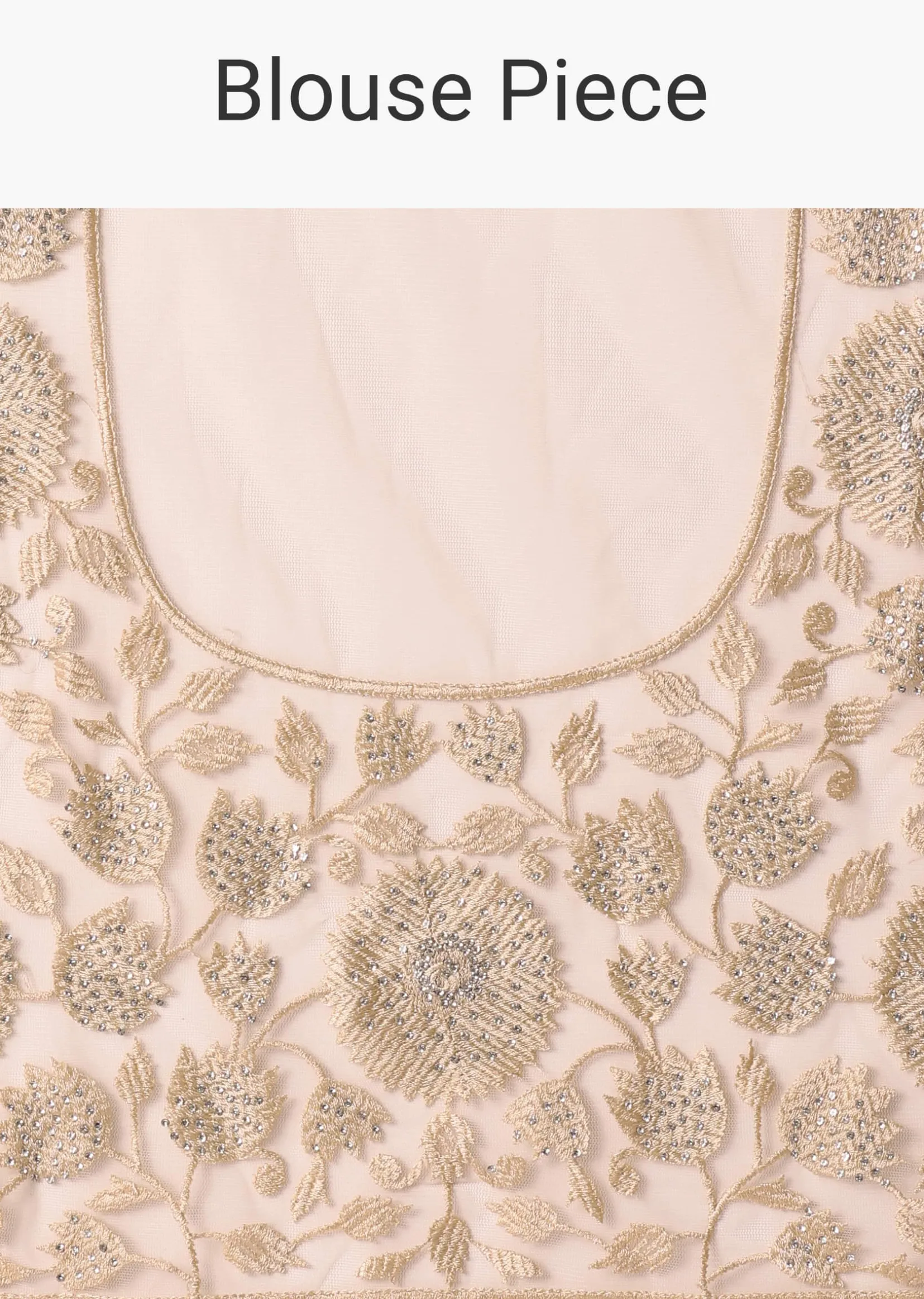 Gold Net Saree With Stone Studded And Floral work And Unstitched Blouse Piece
