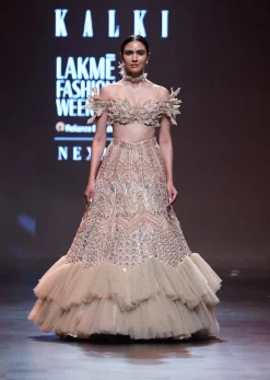Gold Off Shoulder Blouse And Layered Skirt Set With Patchwork Embroidery