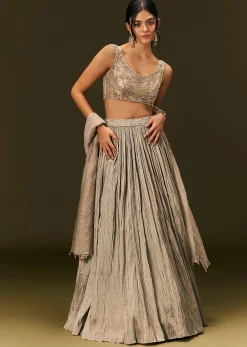 Gold Organza Lehenga Dupatta Set With Embellishments