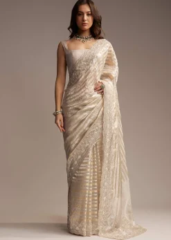 Gold Organza Saree with Cutdana and Sequins Embroidery