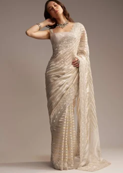 Gold Organza Saree with Cutdana and Sequins Embroidery