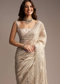 Gold Organza Saree with Cutdana and Sequins Embroidery